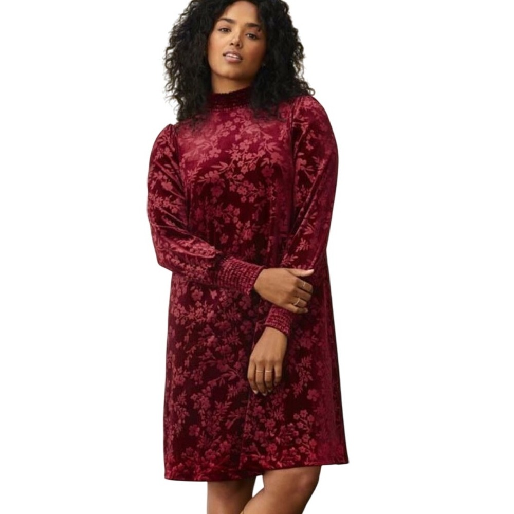 NWT Matilda Jane Velvet Floral Print Dress Mock Neck Long Sleeve Maroon Red Sz M
